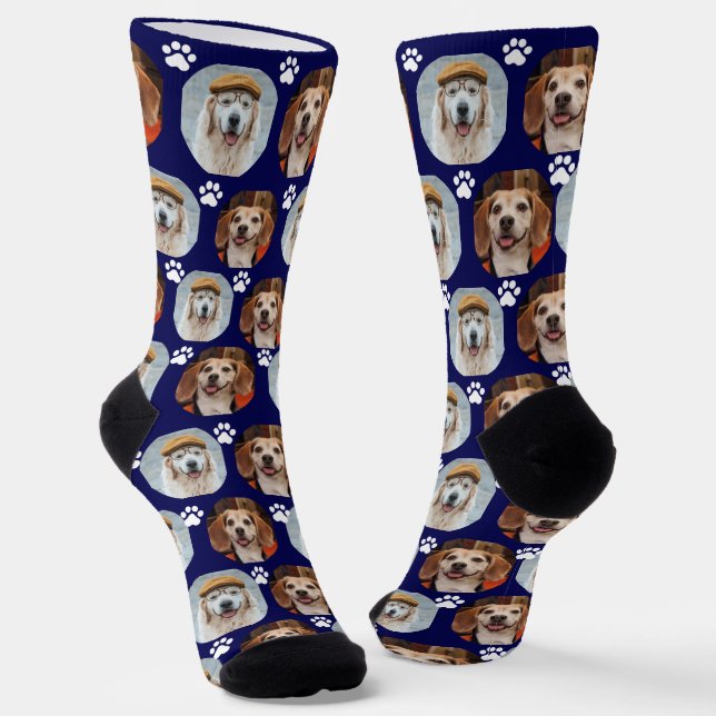  Cute Navy Blue 2 Pet 2 Photo Paw Print   Socks (Angled)