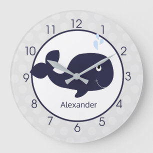 Cute Navy Blue and Grey Whale Nautical Nursery Large Clock