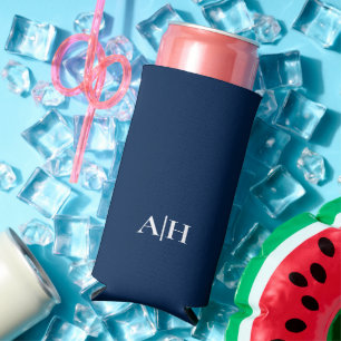 Cute Navy Blue and White , Modern Monogram Seltzer Can Cooler