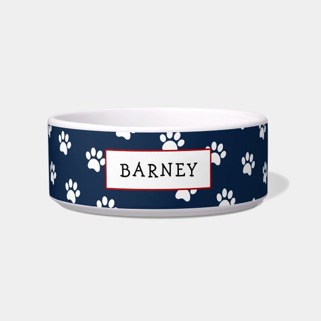 Cute Navy blue  and white paw print  pet  bowl (Front)