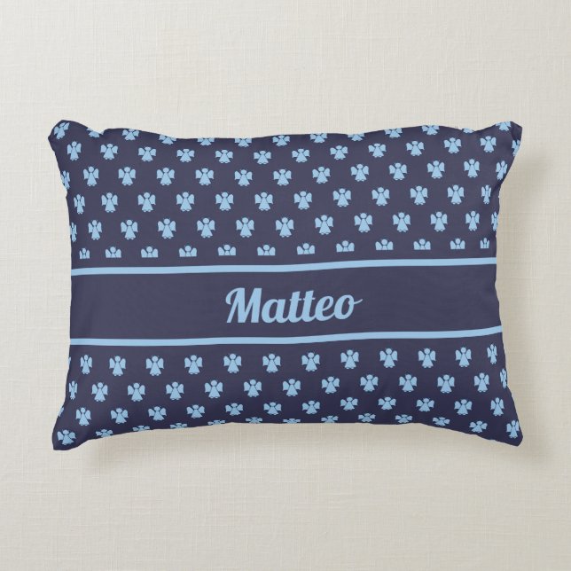 Cute navy blue angel pattern personalized name accent pillow (Front)