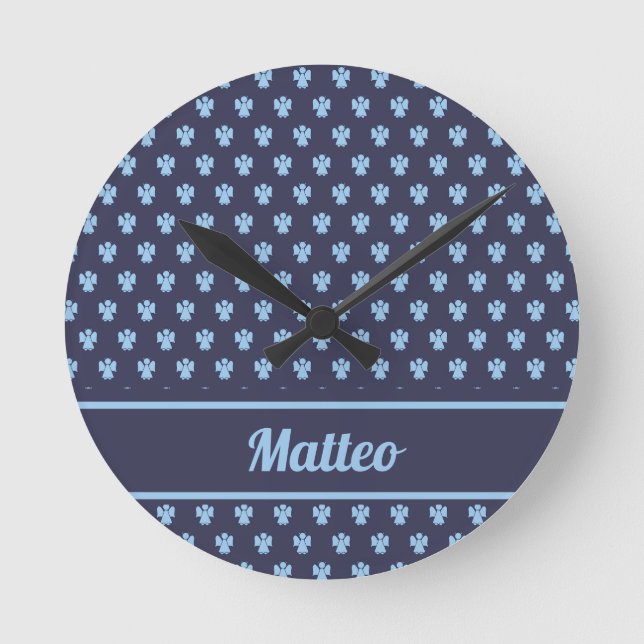 Cute navy blue angel pattern personalized name round clock (Front)