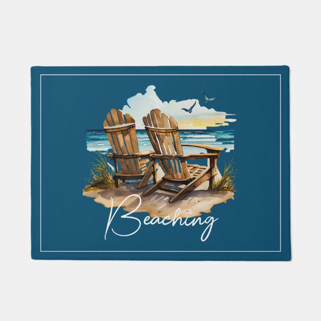 Cute Navy Blue Beach Chair Beaching Seagulls Ocean Doormat (Front)