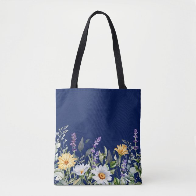 Cute Navy Blue Boho Wildflower Design Tote Bag (Front)