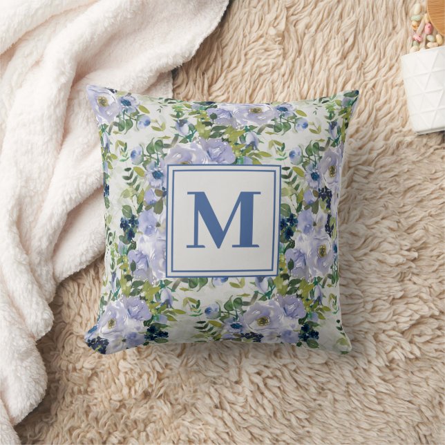 Cute Navy Blue Dusty Blue Floral White Monogram Throw Pillow (Blanket)