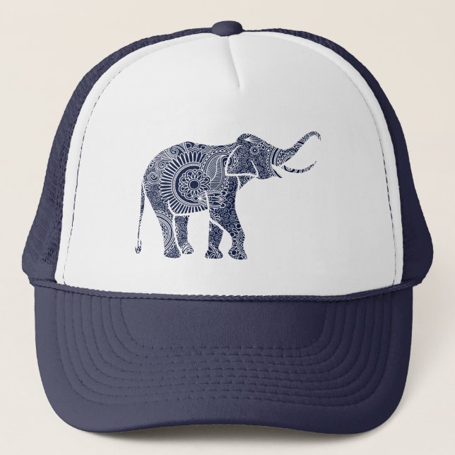 Cute Navy Blue Floral Elephant Trucker Hat (Front)