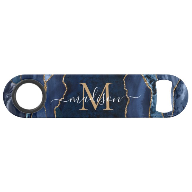 Cute Navy Blue Gold Glitter Agate Geode Monogram Bar Key (Front (Horizontal))