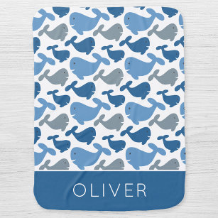 Cute Navy Blue Grey Whale Personalized Boy Baby Blanket
