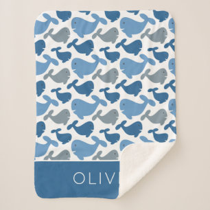 Cute Navy Blue Grey Whale Personalized Boy Sherpa Blanket
