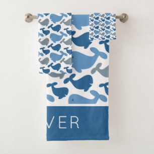 Cute Navy Blue Grey Whale Personalized Kids Bath Towel Set