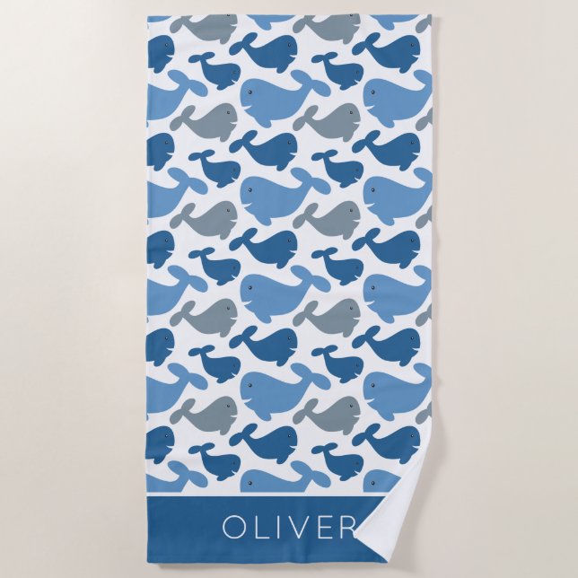 Cute Navy Blue Grey Whale Personalized Kids Beach Towel (Front)