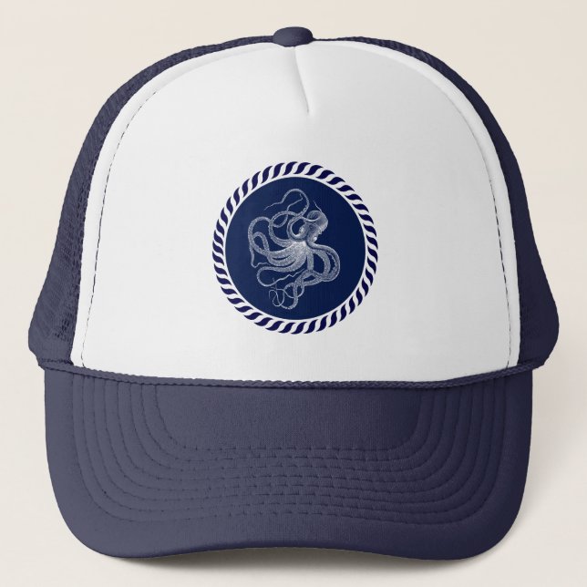 Cute Navy Blue & Nautical White Octopus  Trucker Hat (Front)