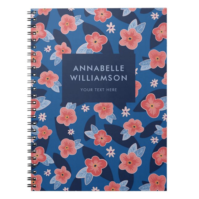 Cute navy blue peach abstract floral notebook (Front)