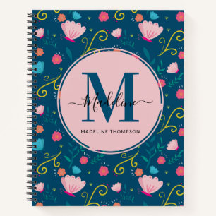 Cute Navy Blue Pink Butterfly Flower Monogram Notebook
