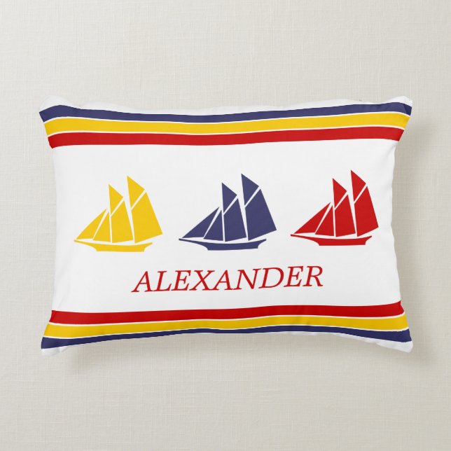 Cute Navy Blue Red Yellow Sailboat Stripe nautical Accent Pillow (Front)
