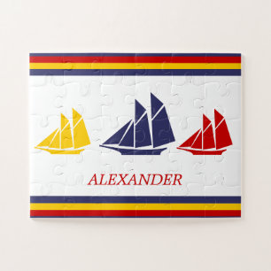 Cute Navy Blue Red Yellow Sailboat Stripe nautical Jigsaw Puzzle