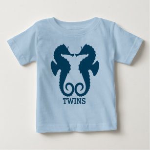 Cute Navy Blue Sea Horses Twins Illustration Baby T-Shirt