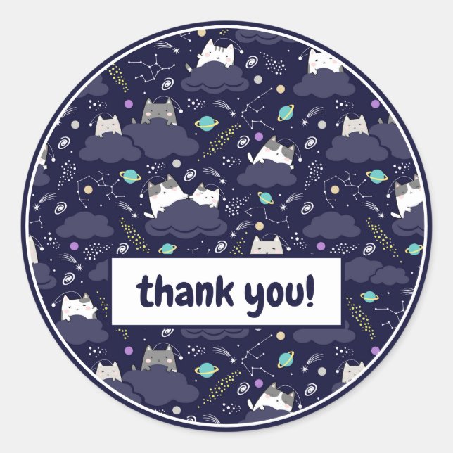 Cute Navy Blue Space Kawaii Cats KittensThank You  Classic Round Sticker (Front)