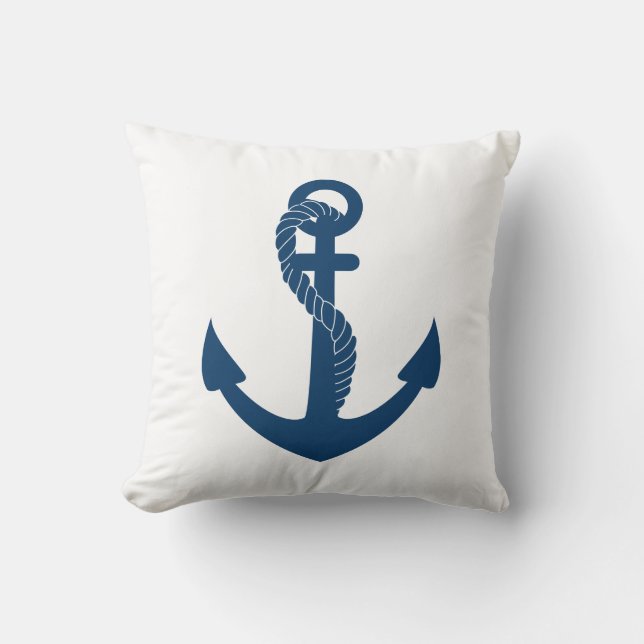 Cute Navy Blue White Anchor Nautical Throw Pillow (Front)