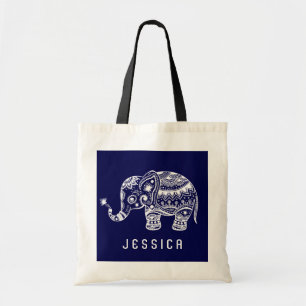 Cute Navy-Blue & White Floral Elephant Tote Bag