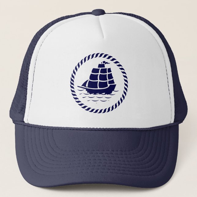 Cute Navy Blue & White Nautical Boat Trucker Hat (Front)