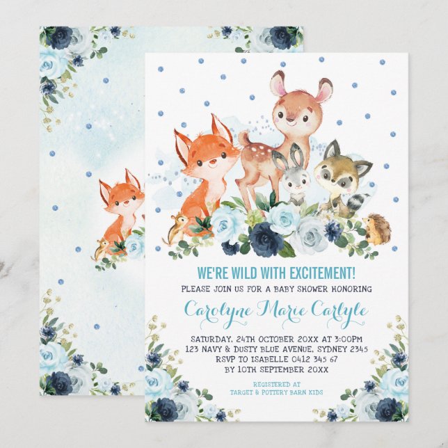 Cute Navy Blue Woodland Forest Animals Baby Shower Invitation (Front/Back)