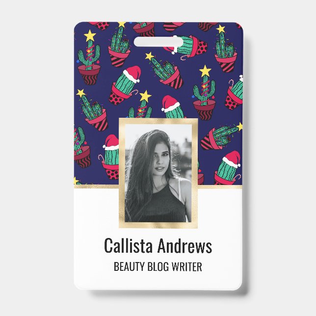 Cute Navy Decorated Cactus Tree Christmas Lights Badge (Front)