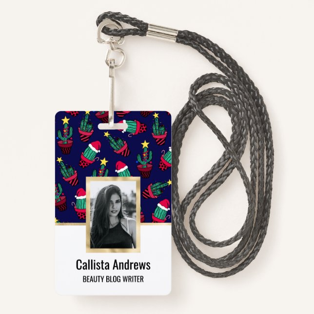 Cute Navy Decorated Cactus Tree Christmas Lights Badge (Front with Lanyard)
