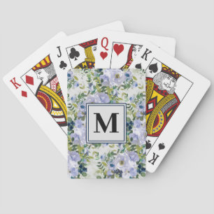 Cute Navy Dusty Blue Watercolor Floral Monogram Playing Cards