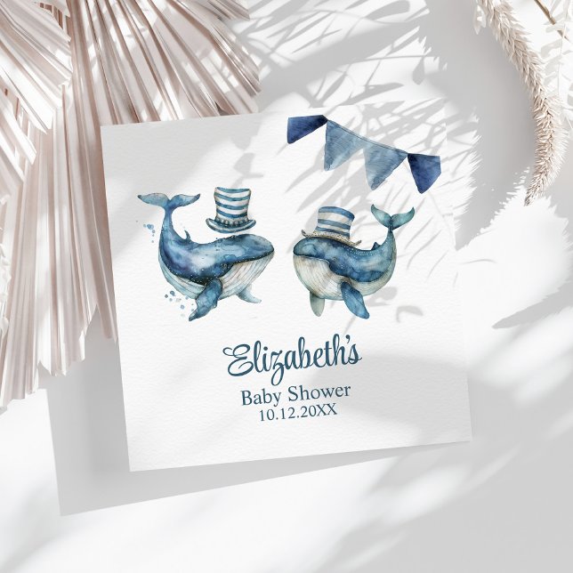 Cute Navy Nautical Whales Baby Shower  Napkin (Cute Navy Nautical Whales Baby Shower Napkins on a sunny white table with boho decoration.)