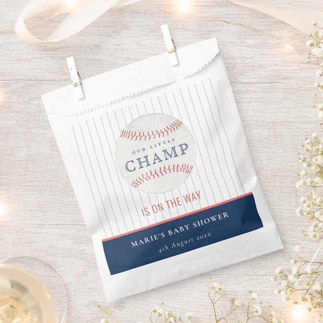 Cute Navy Our Little Champ Baseball Baby Shower Favour Bag (Clipped)
