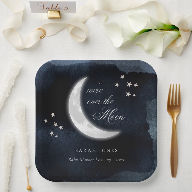 Cute Navy Over the Moon Glowing Stars Baby Shower Paper Plate (Wedding)