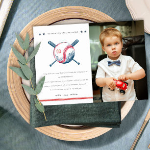 Cute Navy Red Baseball Kids Photo Birthday Thank You Card