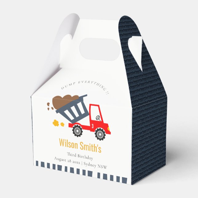 Cute Navy Red Dump Truck Kids Any Age Birthday Favor Box (Front Side)