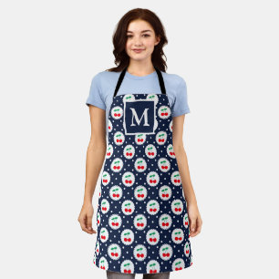 Cute Navy & Red Summer Cherries Monogram Apron