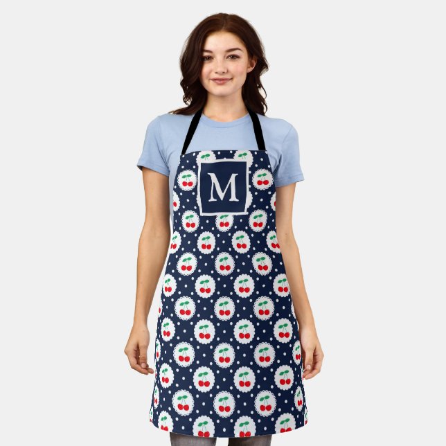 Cute Navy & Red Summer Cherries Monogram Apron (Worn)