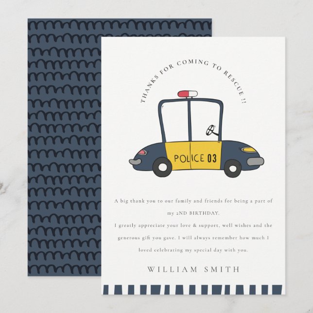 Cute Navy Rescue Police Car Kids Any Age Birthday Thank You Card (Front/Back)