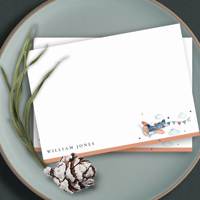 Cute Navy Rust Plane Cloud Sky Stars Kids Birthday Card (Creator Uploaded)