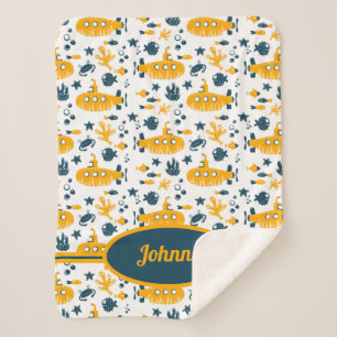 Cute Navy Submarine Underwater Ocean Kids Monogram Sherpa Blanket