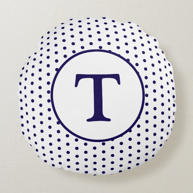 Cute Navy & White Polka-Dot Round Pillow (Front)
