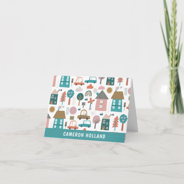 Cute Neighbourhood and Cars Personalized Stationer Note Card (Front)