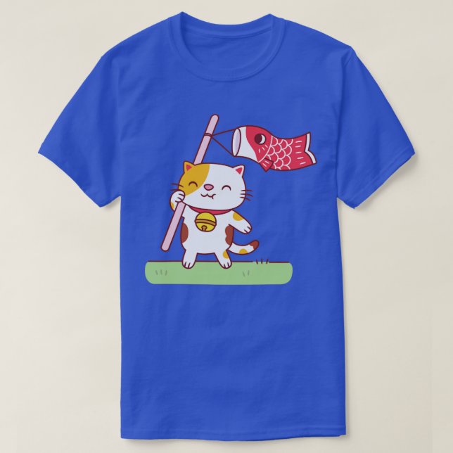Cute Neko Cat with Koinobori Carp Streamer T-Shirt (Design Front)