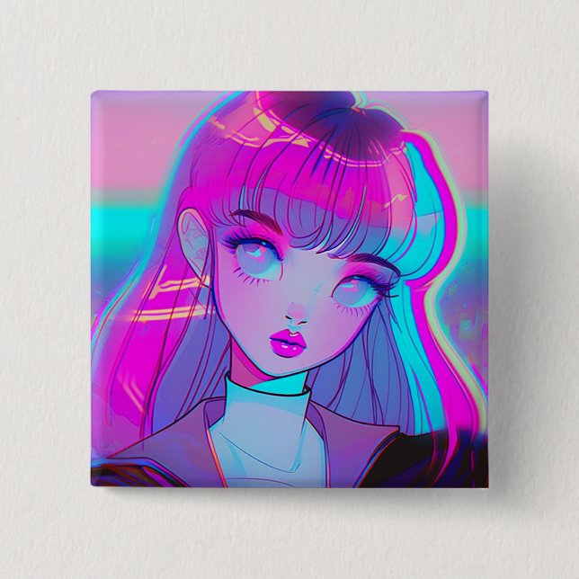 Cute Neon Anime Girl Button (Front)