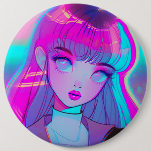 Cute Neon Anime Girl Button