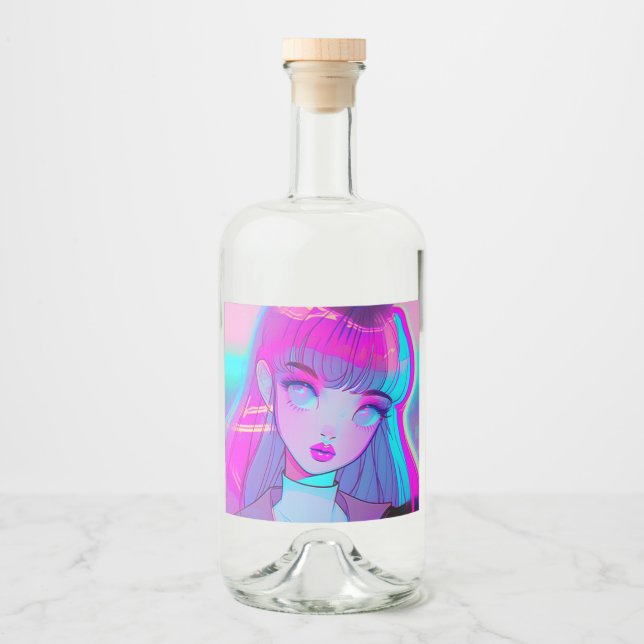 Cute Neon Anime Girl Liquor Étiquette bouteille (Devant)
