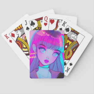 Cute Neon Anime Girl Playing Cards