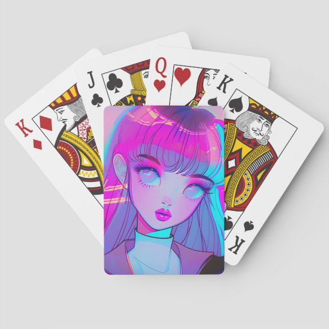 Cute Neon Anime Girl Playing Cards (Back)