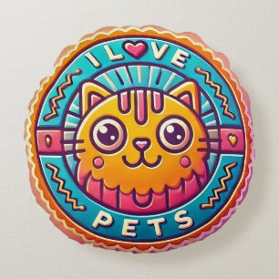 Cute Neon Cat Badge Round Pillow