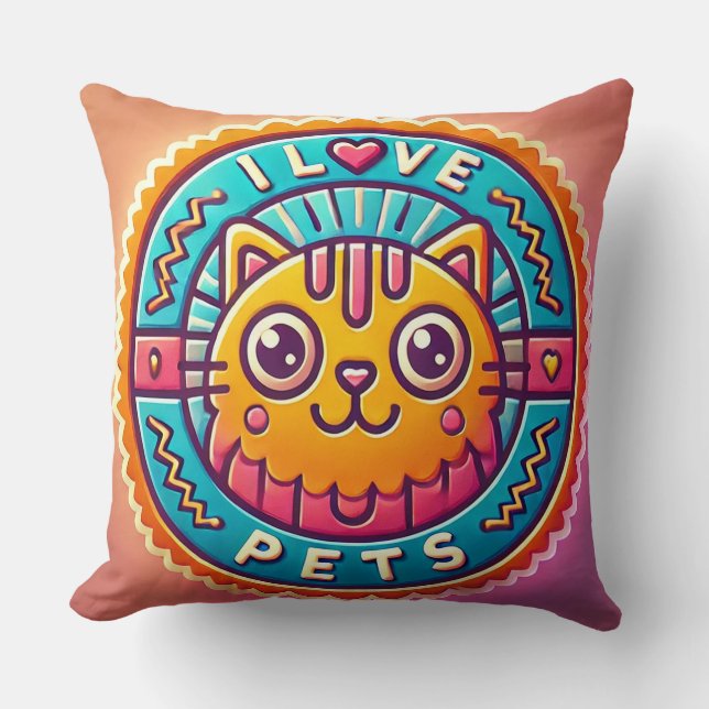 Cute Neon Cat Badge Throw Pillow (Front)