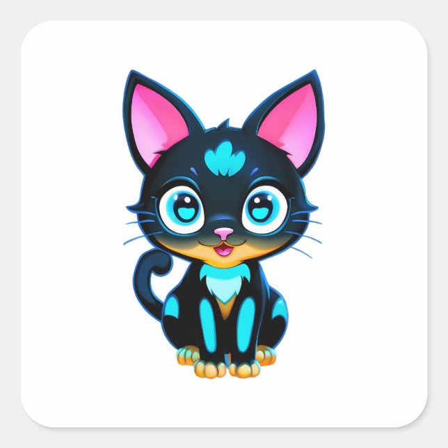 Cute Neon Cat Square Sticker (Front)